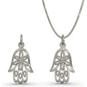 Solid 925 Silver Hamsa Hand with Flower Charm Necklace - 16in to 18in adjustable Italy Box Chain - Nature Flower Plant Love Believe Necklace