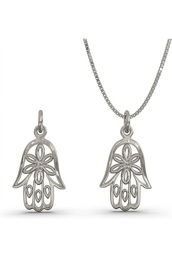 Solid 925 Silver Hamsa Hand with Flower Charm Necklace - 16in to 18in adjustable Italy Box Chain - Nature Flower Plant Love Believe Necklace