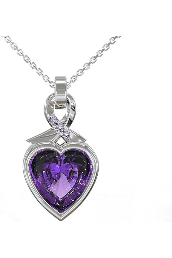 Solid 925 Silver Heart Ribbon Pendant Necklace with CZ Gemstone Birthstone