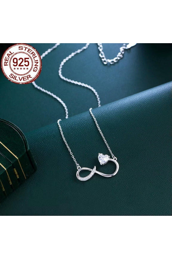 Solid 925 Silver Infinity Symbol CZ Big Heart Chain Link Necklace Women Jewelry