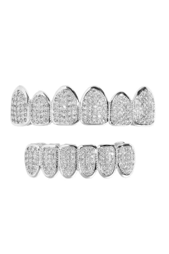 Solid 925 Silver Simulated Diamonds Custom Grillz Teeth Top Bottom Set Hip Hop-Set SL