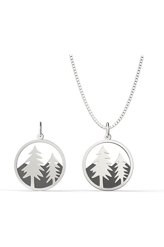 Solid 925 Silver Tree Mountain Pendant Necklace - 16in to 18in adjustable Italy Box Chain - Nature Landscape Pine Tree Mountain Necklace