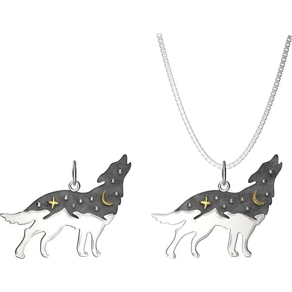 Solid 925 Silver Wolf charm with Bronze Star and Moon Necklace - 16in to 18in adjustable Italy Box Chain - Nature Landscape Sky Animal Canine Necklace