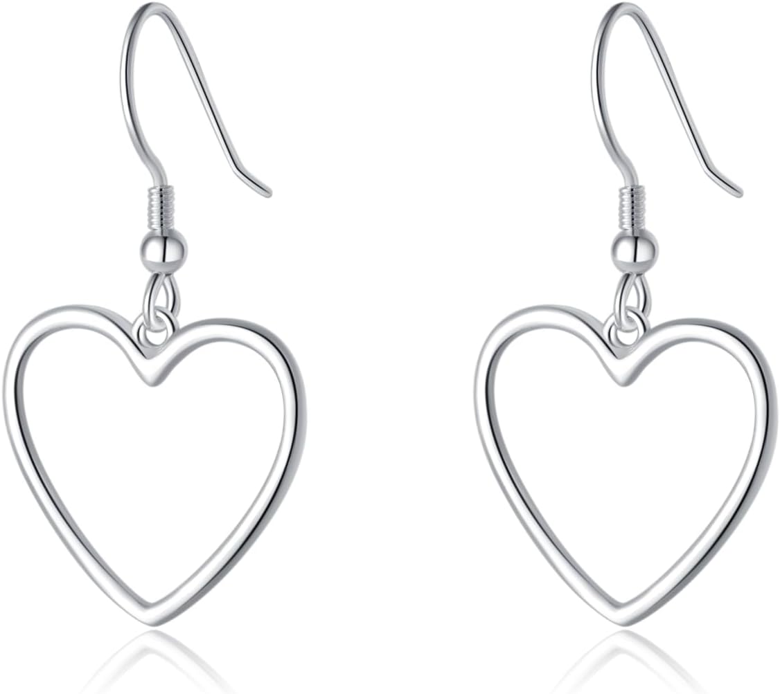 Solid 925 Sterling Silver 1.8CM Hollow Heart Drop Earrings for Women Teens Sweet Love Dangle Earrings