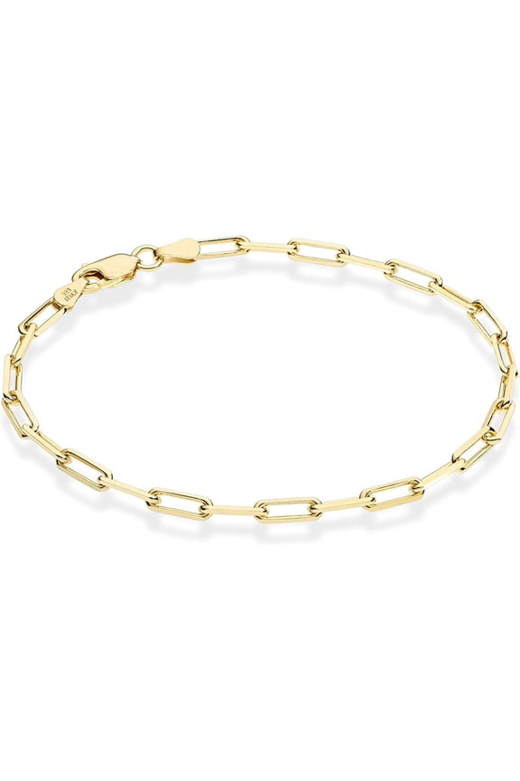 Solid 925 Sterling Silver 14K Gold plated Paper Clip Bracelet 3mm Width, 7 Inch Paperclip Chain Italy