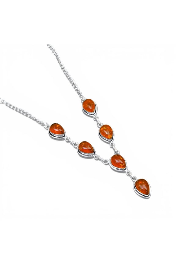 Solid 925 Sterling Silver Amber Necklace for Women | Handmade Teardrop Amber Gemstone Link Necklace | Orange Honey Amber Statement Jewelry
