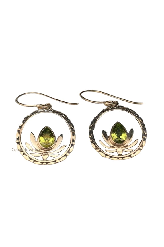 Solid 925 Sterling Silver Bali Lotus Flower Dangle Drop Earrings For Women, Genuine Peridot Pear Gemstone Unique Handcrafted Designer Earrings