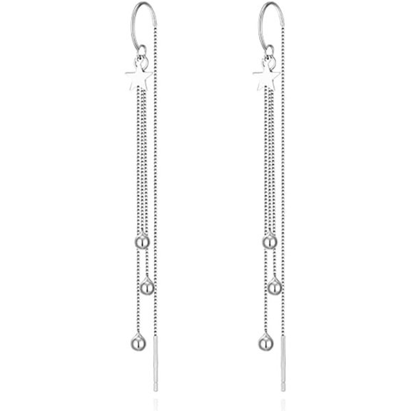 Solid 925 Sterling Silver Ball Bead Tassel Chain Dangle Earrings for Women Long Dangle Earrings Threader Drops