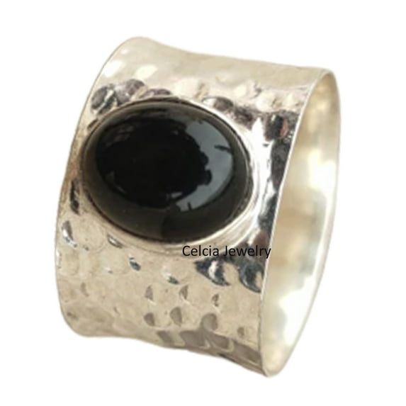 Solid 925 Sterling Silver Band Ring For Women Men, Genuine Black Onyx Oval Gemstone Unique Handcrafted Hammered Ring For Her Him