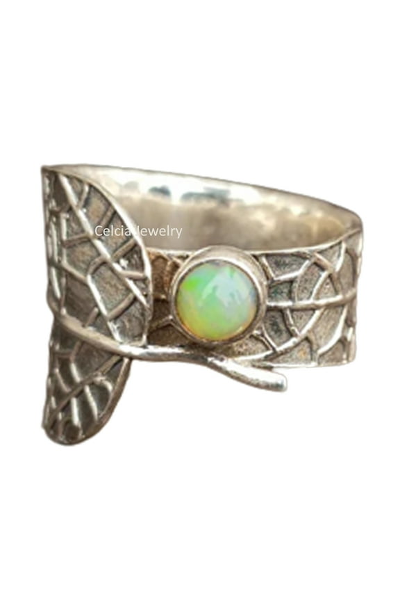 Solid 925 Sterling Silver Band Ring For Women Men, Genuine Opal Cabochon Round Gemstone Amazing Handcrafted October Birthstone Jewelry
