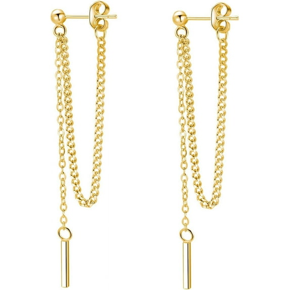 Solid 925 Sterling Silver Bar Dangle Earrings for Women Minimalist Dangle Earrings Threader Chain