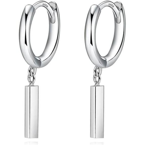 Solid 925 Sterling Silver Bar Drop Hoop Earrings for Women Teens Minimalist Bar Hoop Earrings Huggie