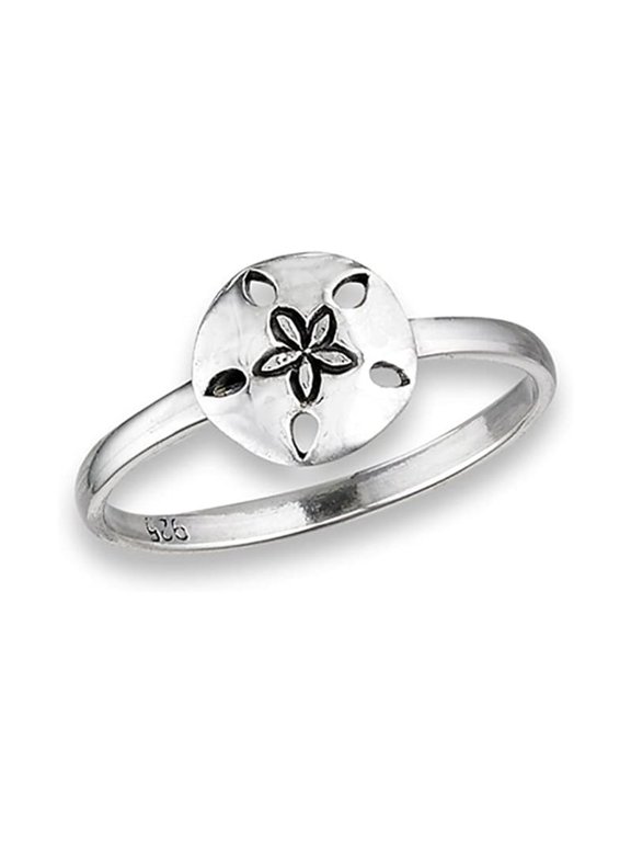 Solid 925 Sterling Silver Beach Flower Sand Dollar Band Ring, Minimalist Simple Stacking Women Engagement Ring