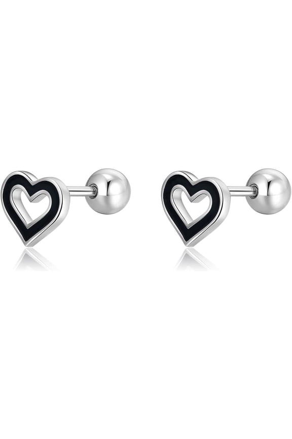 Solid 925 Sterling Silver Black Heart Studs Earrings for Women Small Love Heart Earrings Studs Helix Open Heart Earrings Cartilage Tragus Screwback Studs