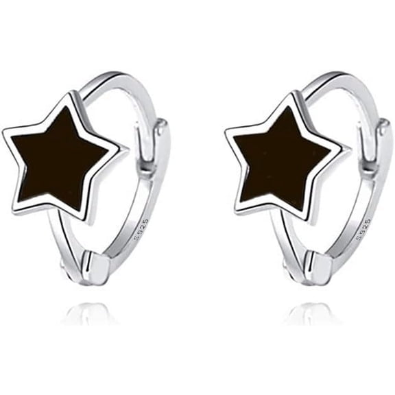 Solid 925 Sterling Silver Black Star Huggie Earrings Hoops for Women Teens Small Star Hoop Earrings Cartilage Helix Earrings