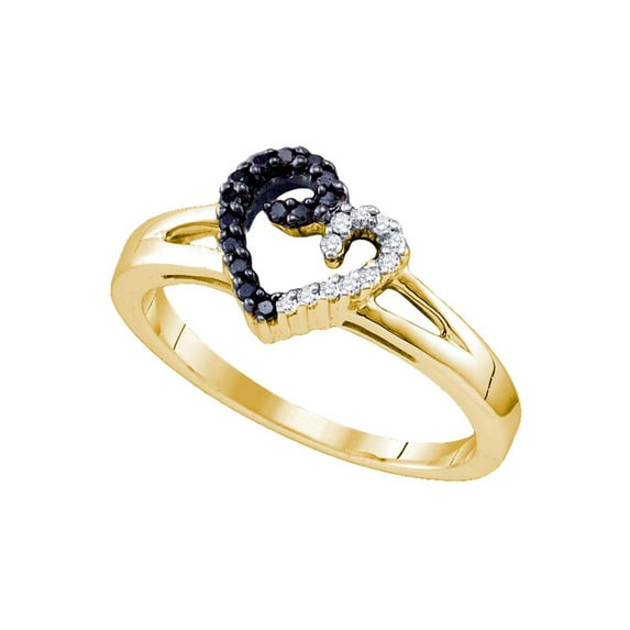 Solid 925 Sterling Silver Black White Diamond Yellow-tone Heart Engagement Wedding Anniversary Ring Band 1/6 Ct. - Size 7.5