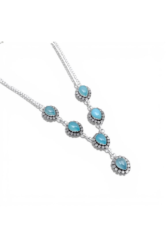 Solid 925 Sterling Silver Blue Chalcedony Bracelet for Women | Handmade Teardrop Gemstone Link Bracelet | Silver Jewelry Gift