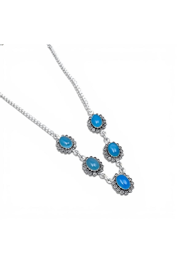 Solid 925 Sterling Silver Blue Chalcedony Necklace for Women | Handmade Oval Blue Gemstone Link Necklace | Vintage Oxidized Silver Jewelry