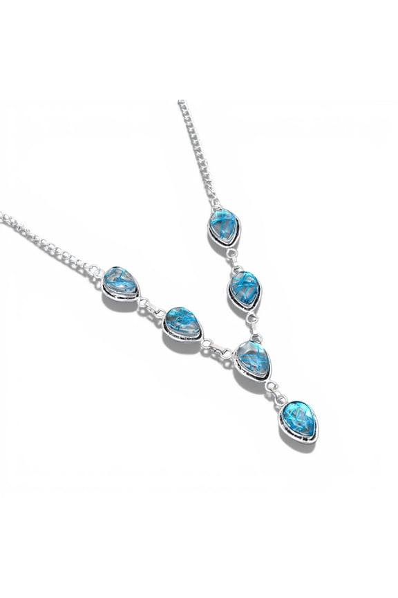 Solid 925 Sterling Silver Blue Rutile Quartz Necklace for Women | Handmade Teardrop Blue Rutile Gemstone Link Necklace | Statement Jewelry