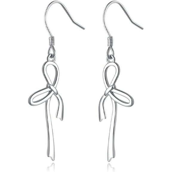 Solid 925 Sterling Silver Bow Dangle Earrings Drops for Women Teens Ribbon Drop Earrings Bow Dangle