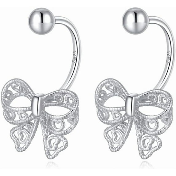 Solid 925 Sterling Silver Bow Half Hoop Earrings Huggie for Women Teens Bowknot Hoop Earrings Open Hoops