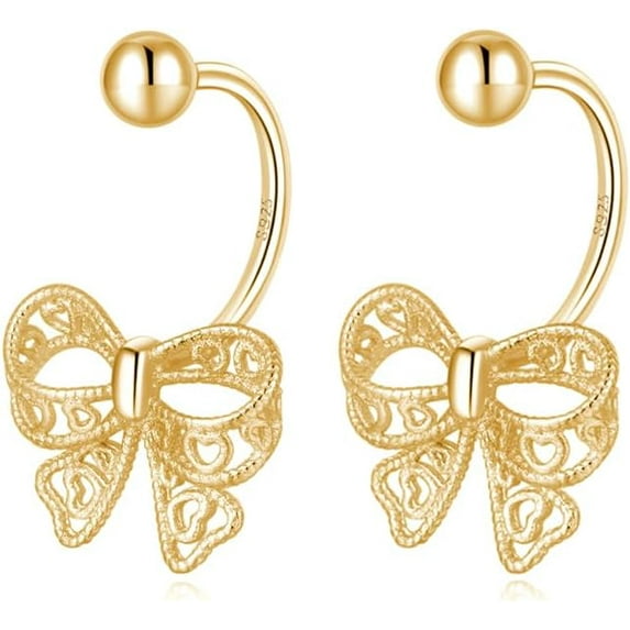 Solid 925 Sterling Silver Bow Half Hoop Earrings Huggie for Women Teens Bowknot Hoop Earrings Open Hoops
