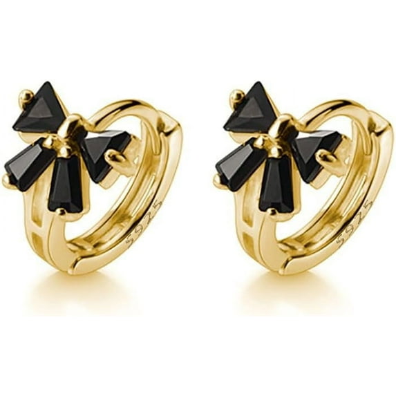Solid 925 Sterling Silver Bow Hoop Earrings Huggie for Women Teens Black CZ Bowknot Hoop Earrings Ribbon Cartilage Huggie