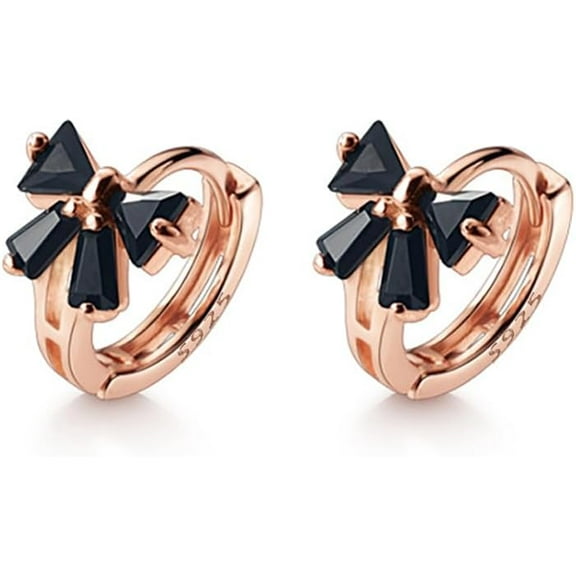 Solid 925 Sterling Silver Bow Hoop Earrings Huggie for Women Teens Black CZ Bowknot Hoop Earrings Ribbon Cartilage Huggie