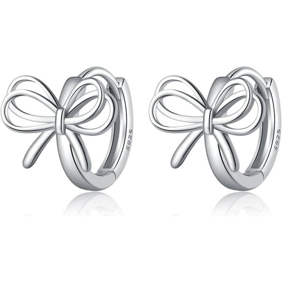 Solid 925 Sterling Silver Bow Hoop Earrings Ribbon for Women Teens Bowknot Hoop Earrings Huggie