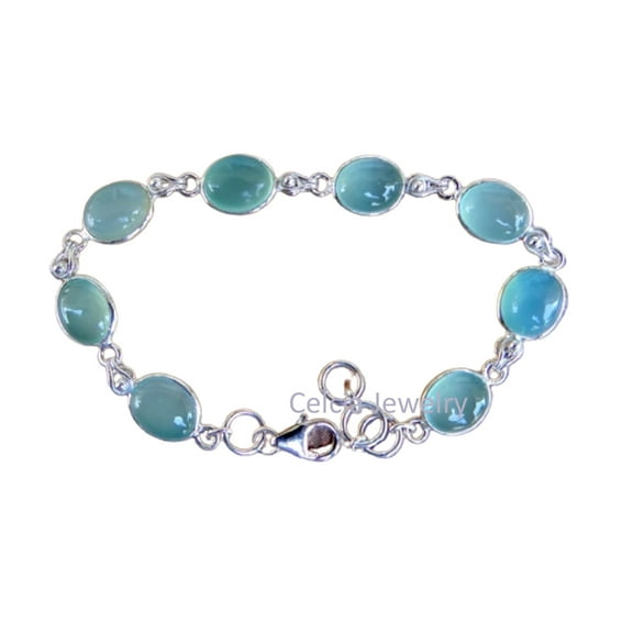 Solid 925 Sterling Silver Bracelet For Men, Women, Unisex, Aqua Chalcedony Bracelet Gemstone Unique Handcrafted Bracelet For Her or Him