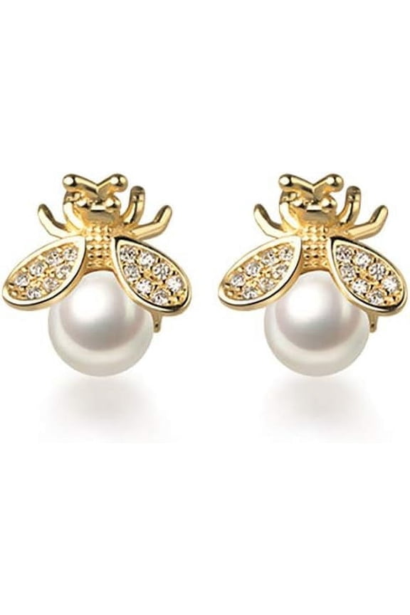 Solid 925 Sterling Silver Bumble Bee Stud Earrings for Women Teens Honey Bee Stud Earrings Pearls Mother's Day
