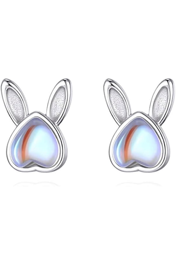 Solid 925 Sterling Silver Bunny Rabbit Stud Earrings for Women Teens Cute Opal Rabbit Stud Earrings (A-Silver)
