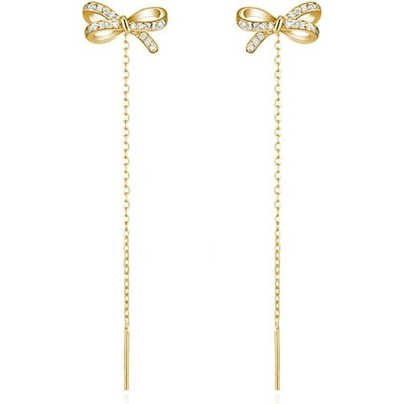 Solid 925 Sterling Silver CZ Bow Dangle Chain Earrings for Women Teens Tiny Bow Dangle Earrings Threader Tassel