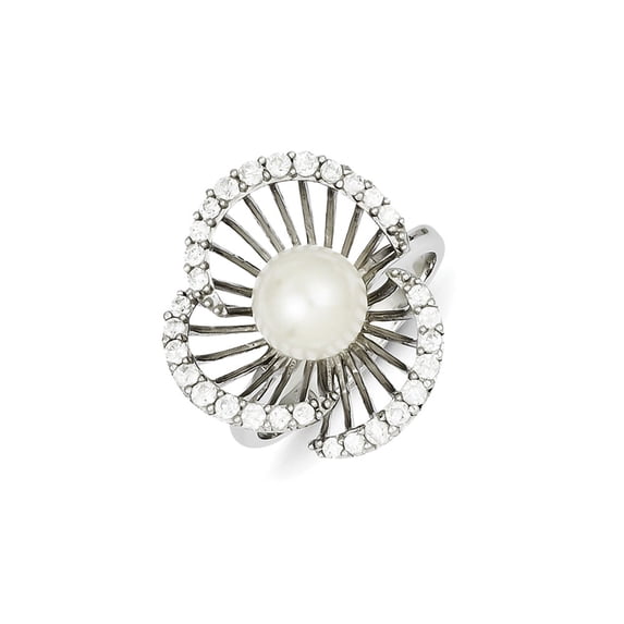 Solid 925 Sterling Silver CZ Cubic Zirconia and Simulated Pearl Anniversary Ring Band Size 8.5