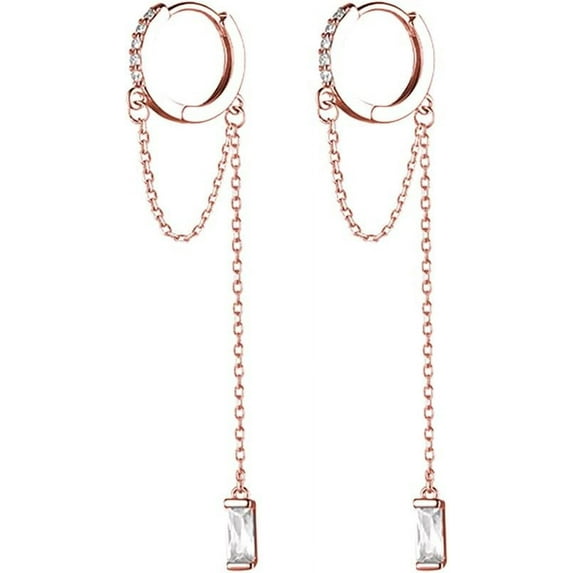 Solid 925 Sterling Silver CZ Hoop Earrings Chain for Women Teens Hoop Earrings Tassel