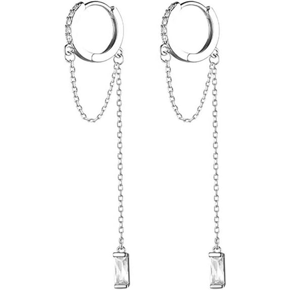 Solid 925 Sterling Silver CZ Hoop Earrings Chain for Women Teens Hoop Earrings Tassel