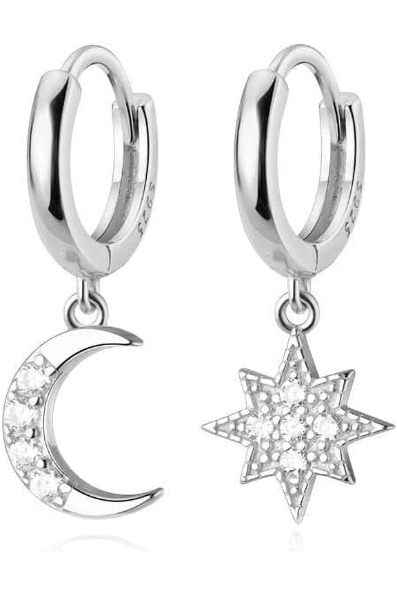 Solid 925 Sterling Silver CZ Star Moon Drop Hoop Earrings for Women Teens Crystal Moon Star Hoop Earrings Dangle