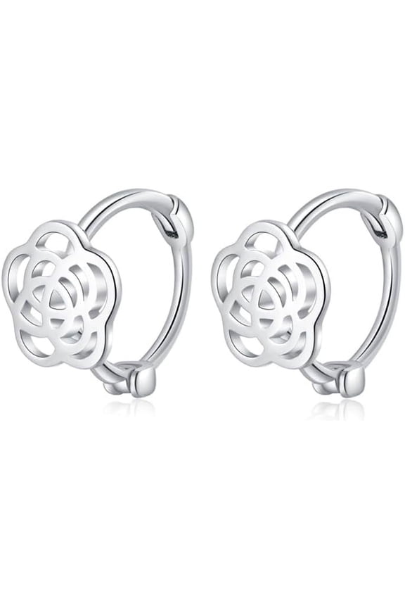 Solid 925 Sterling Silver Camellia Flower Hoop Earrings Huggie for Women Teens Flower Hoop Earrings Spring Cartilage Helix Earrings