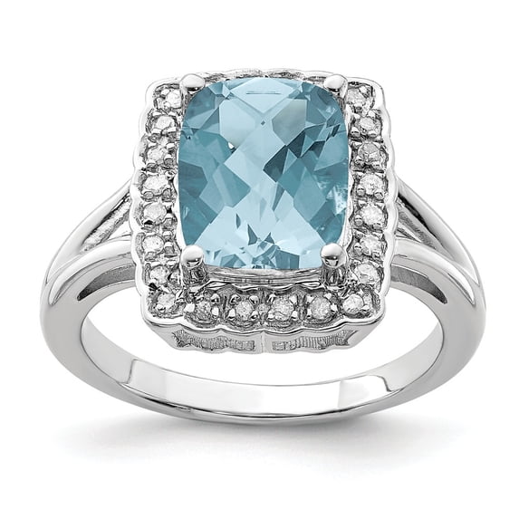 Solid 925 Sterling Silver Checkerboard Cut Light Swiss Blue Topaz and Diamond Engagement Ring Size 7 (.12 cttw.)