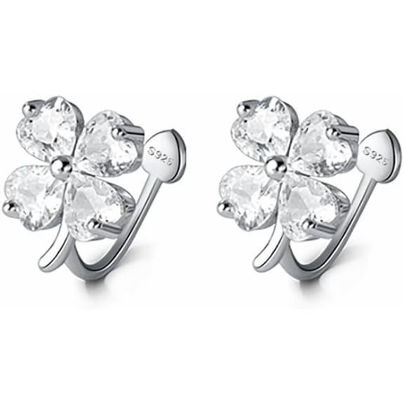 Solid 925 Sterling Silver Clover Flower Clip On Earrings for Women Teens CZ Flower Ear Cuff Earrings Non Piercing Wraps St. Patricks Day Earrings