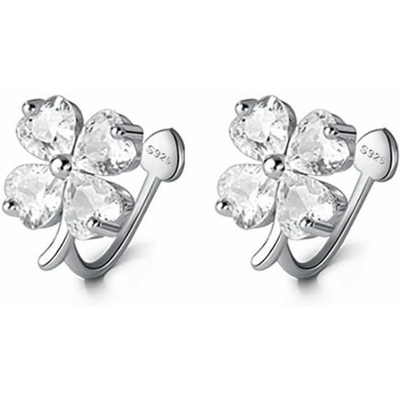Solid 925 Sterling Silver Clover Flower Clip On Earrings for Women Teens CZ Flower Ear Cuff Earrings Non Piercing Wraps St. Patricks Day Earrings