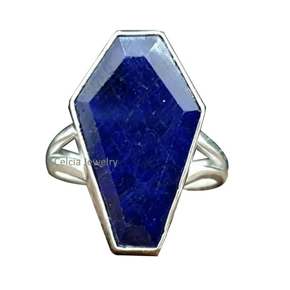 Solid 925 Sterling Silver Coffin Ring, Natural Blue Sapphire Gemstone Ring, Beautiful Handcrafted September Birthstone Gifts For Women/Men