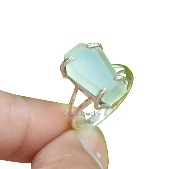 Solid 925 Sterling Silver Coffin Ring, Natural Prehnite Green Gemstone Ring, Statement Ring, Unique Handcrafted Jewelry For Women/Men