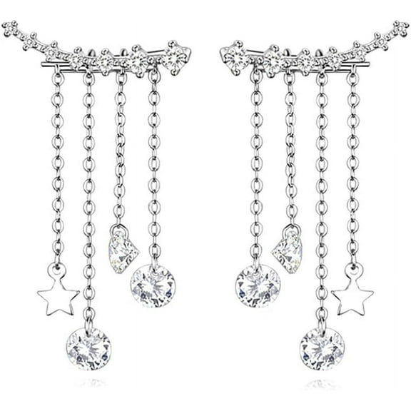 Solid 925 Sterling Silver Crawler Earrings Tassel Chain Dangle for Women Teens 7 Crystal Cuff Earrings Climber