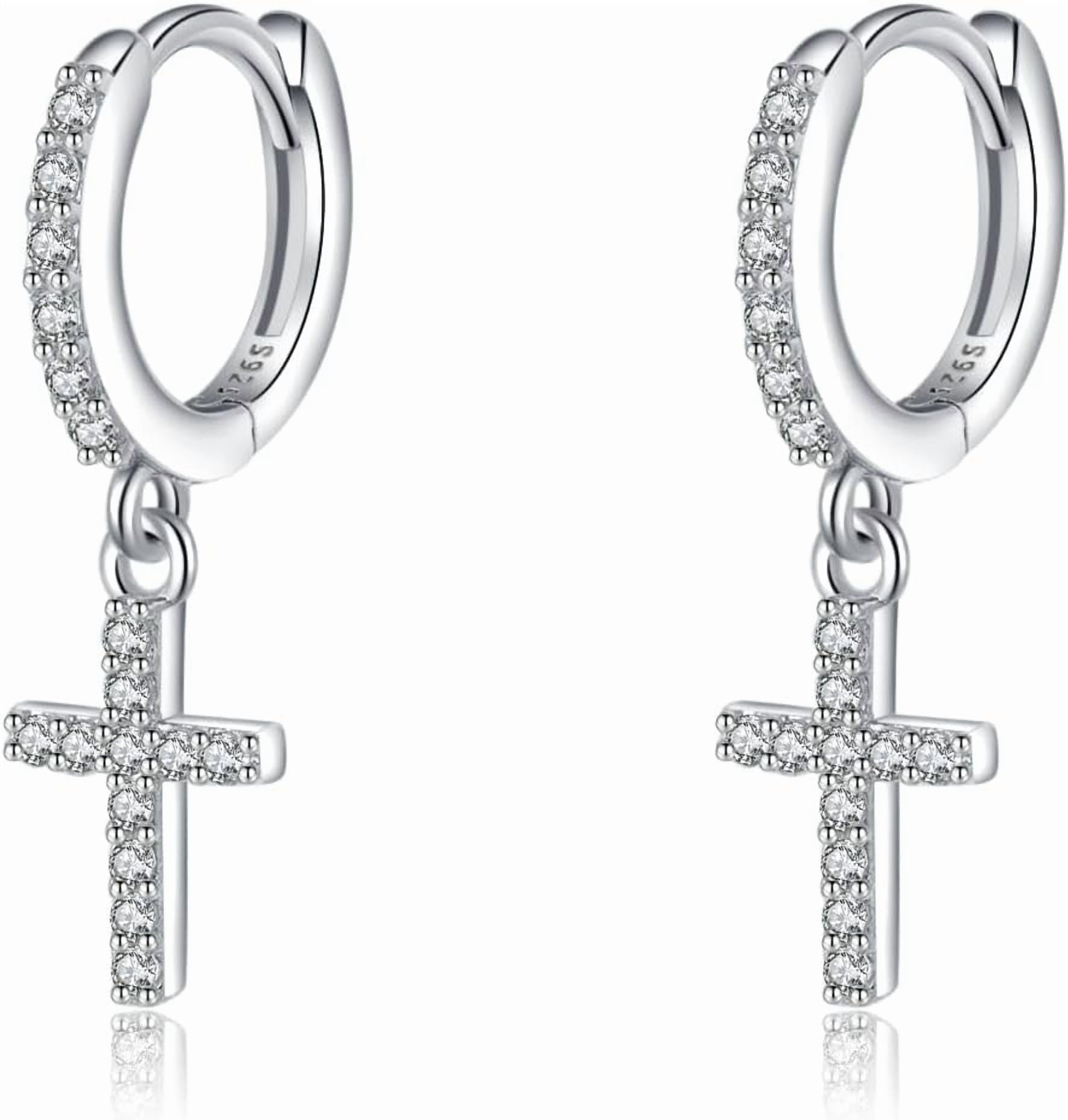 Solid 925 Sterling Silver Cross Hoop Earrings for Women Teens Small CZ Hoop Earrings Huggie Drop