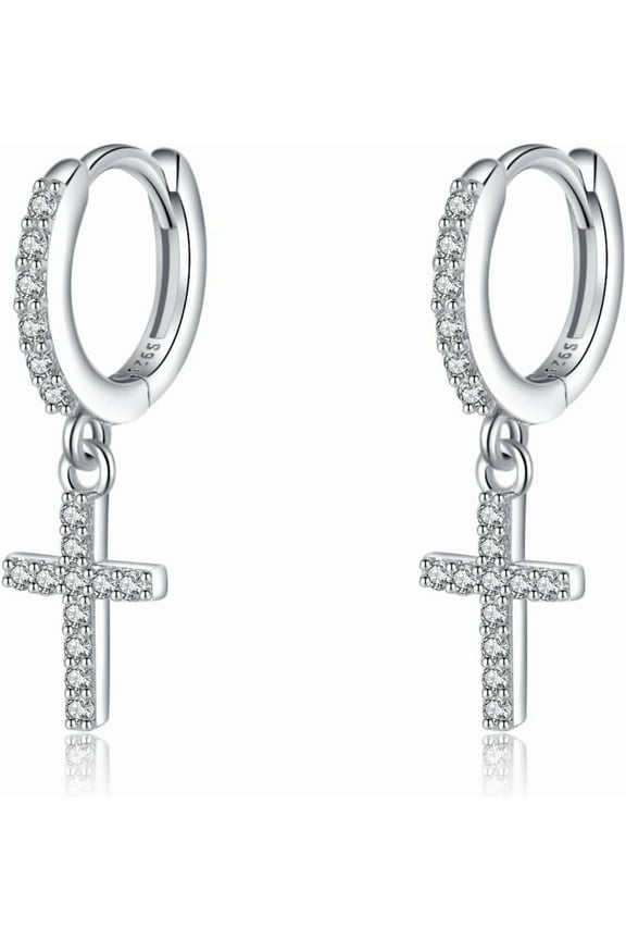 Solid 925 Sterling Silver Cross Hoop Earrings for Women Teens Small CZ Hoop Earrings Huggie Drop