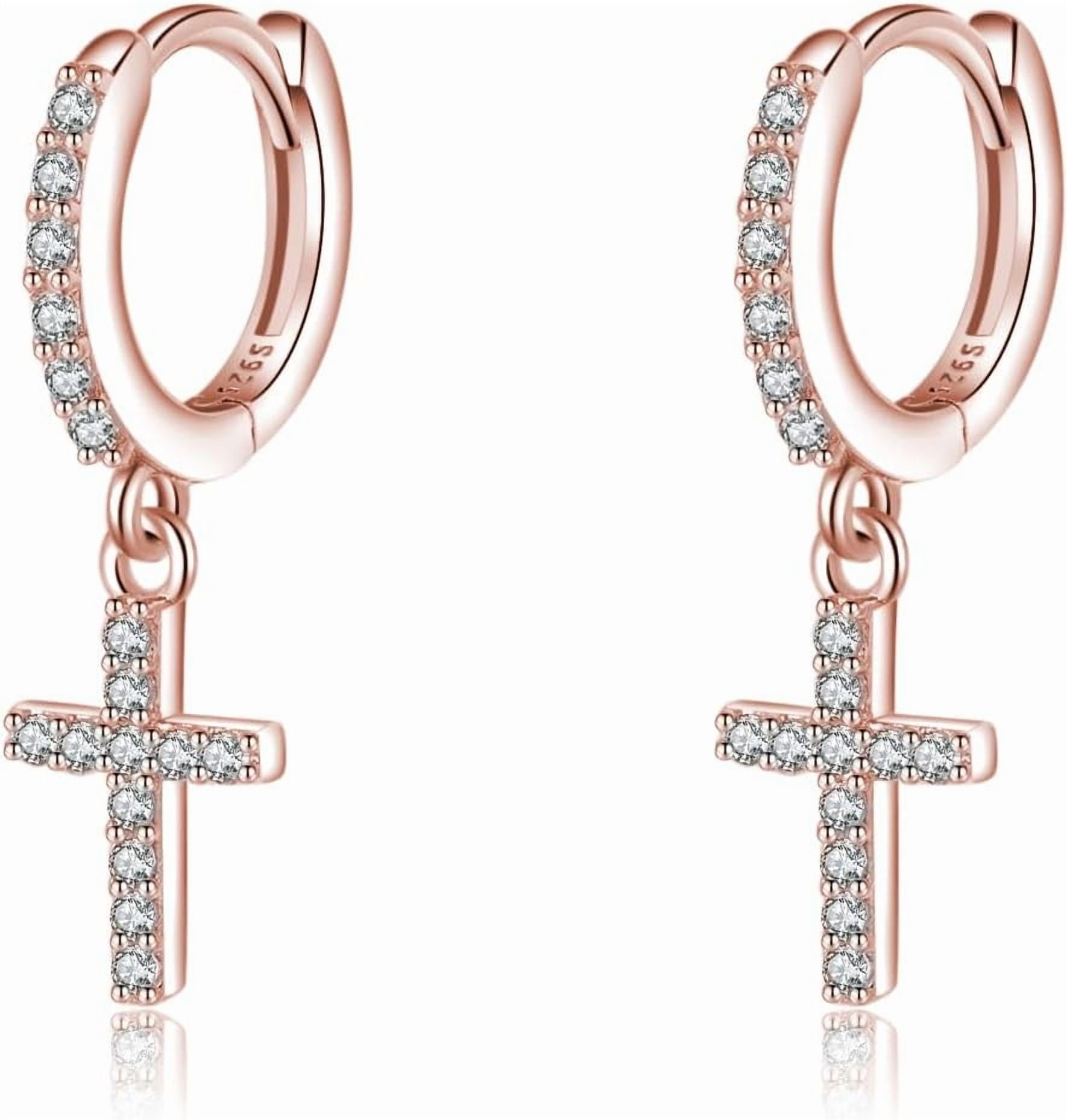 Solid 925 Sterling Silver Cross Hoop Earrings for Women Teens Small CZ Hoop Earrings Huggie Drop