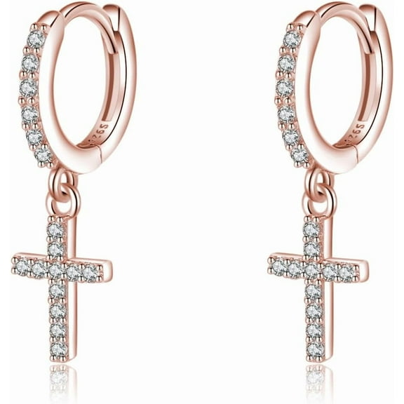 Solid 925 Sterling Silver Cross Hoop Earrings for Women Teens Small CZ Hoop Earrings Huggie Drop