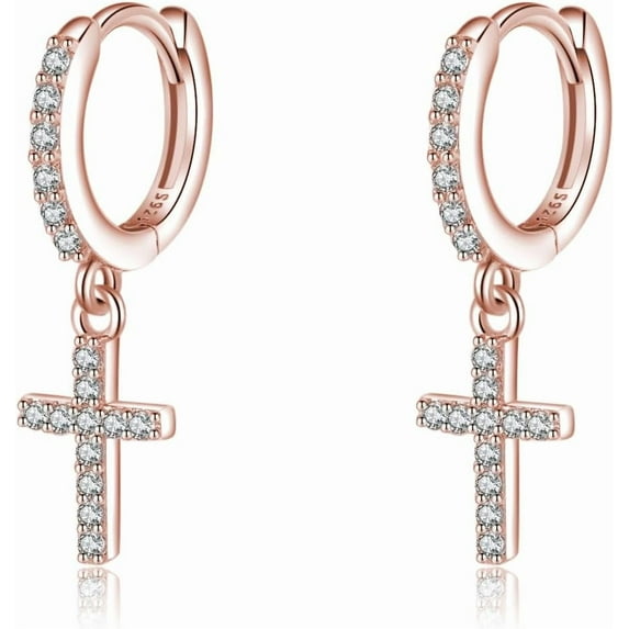 Solid 925 Sterling Silver Cross Hoop Earrings for Women Teens Small CZ Hoop Earrings Huggie Drop