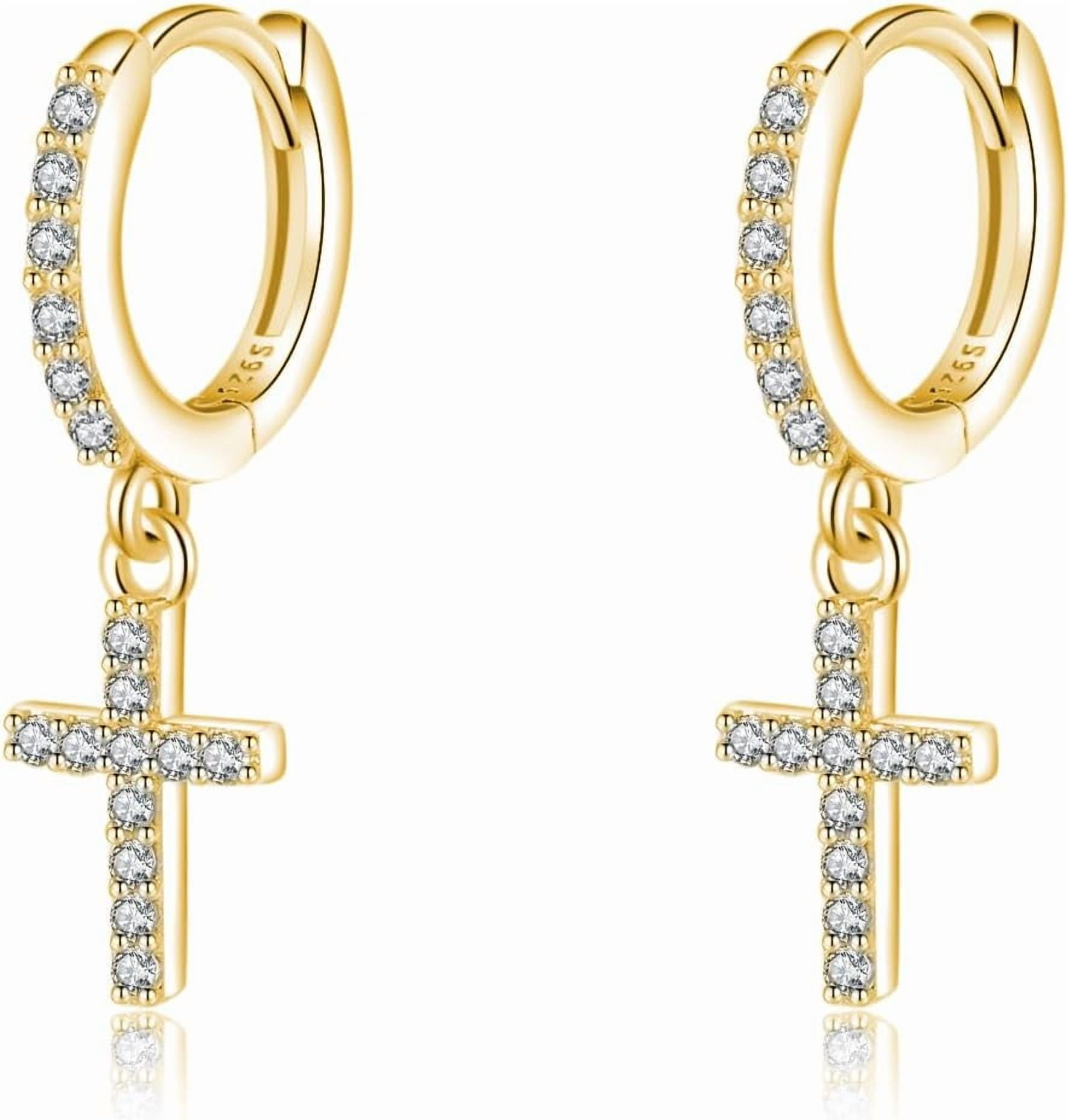 Solid 925 Sterling Silver Cross Hoop Earrings for Women Teens Small CZ Hoop Earrings Huggie Drop